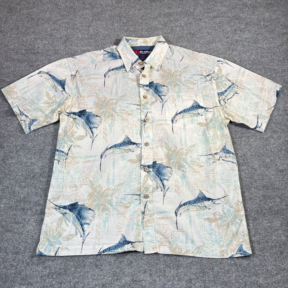 Reel Legends Marlin Fishing Shirt Mens L Cream Blue‎ Short Sleeve Outdoor